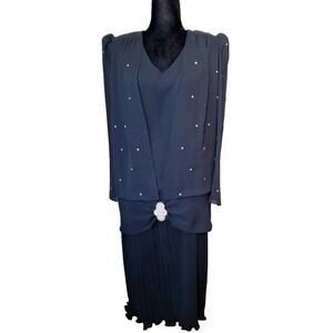 Vintage 80s Drop Waist Disco Dress Rhinestone Semi Sheer Women S/M